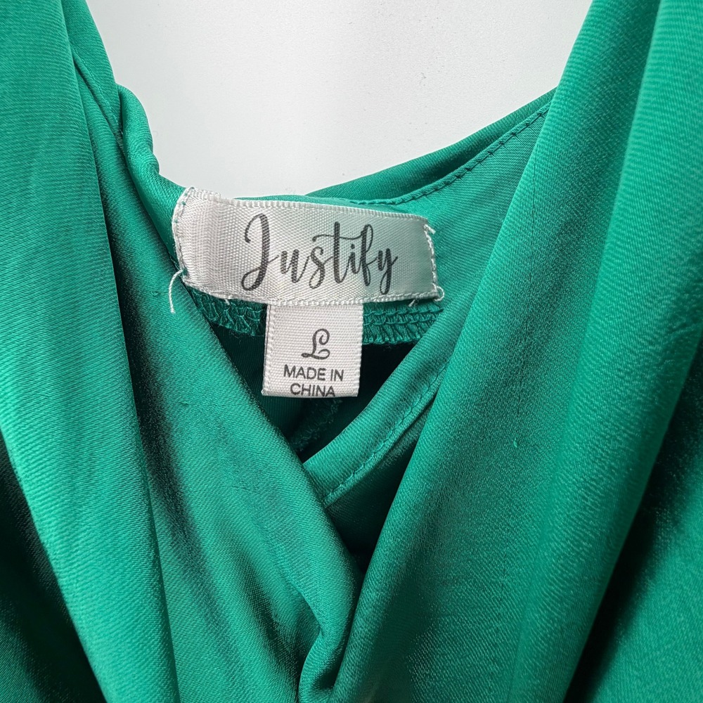 Justify Slip Dress Women Large Green Cowl Neck Satin Side Slit Glam Wedding Chic - Picture 5 of 7